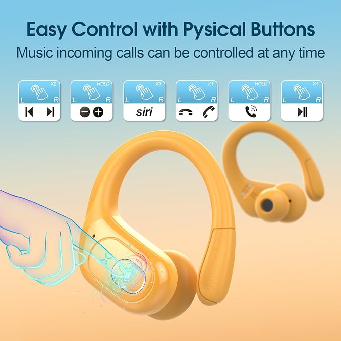 Wireless Earbuds 75H Bluetooth 5.4 Sport Headphones with Earhooks, Yellow | IPX7 Waterproof In-ear Buds Feature ENC Noise Cancelling Mic & Deep Bass. Stereo Sound Device for Gym Running Workout - Image 7