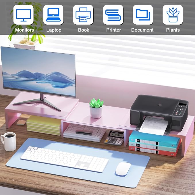 Desk Organizers and Accessories, Dual Monitor Stand Riser, Monitor Desk Shelf for Desktop Organization (Pink) - Image 6