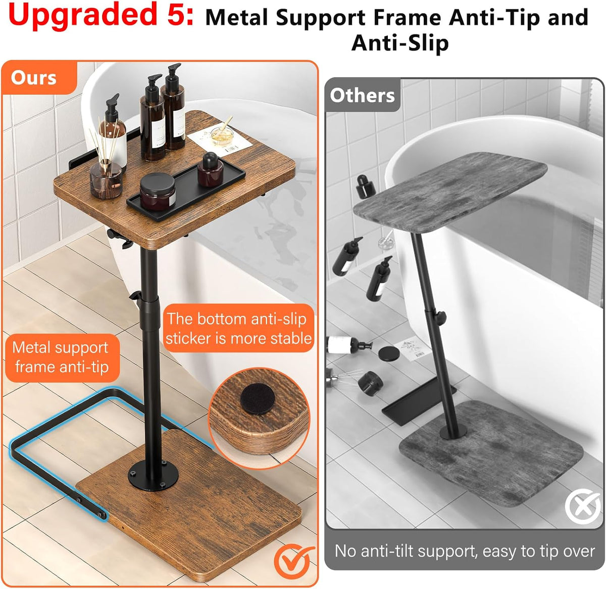 TV Tray Table for Couch, Height Adjustable/360° Swivel/180° Flip-Over Panel Design C-Shaped End Table, Sofa Arm End Side Table with Phone & Tablet Slot for Eating, Laptop,Couch Bed (Vintage Brown) - Image 6