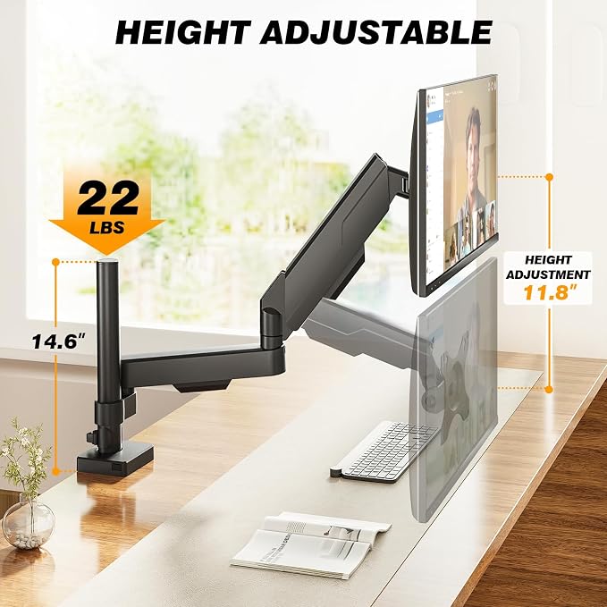 Single Monitor Stand & Monitor Arm Desk Mount up to 35 Inches | Fully Adjustable Heavy Duty Monitor Mount for Screen Ergonomic VESA Mount with C-Clamp/Grommet Base, Cable Management - Image 6