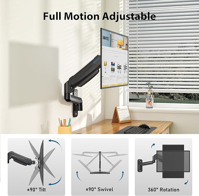 BONTEC Monitor Wall Mount Arm, 13-42 Inch Screens, Max VESA 200x200mm | VESA Gas Spring Height Adjustable, Max 19.8lbs, Swivel, Tilt, Space-Saving Desk Mount, Easy Installation, Single Arm TV Mount - Image 2