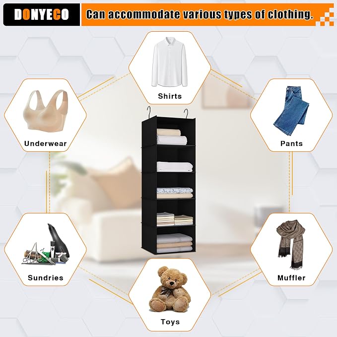 Hanging Closet Organizer 5-Shelf, Oxford Fabric Wardrobe Storage, Black | Easy-mount foldable design holds clothes, handbags, shoes & accessories; washable Oxford fabric, sturdy and space-saving. - Image 7