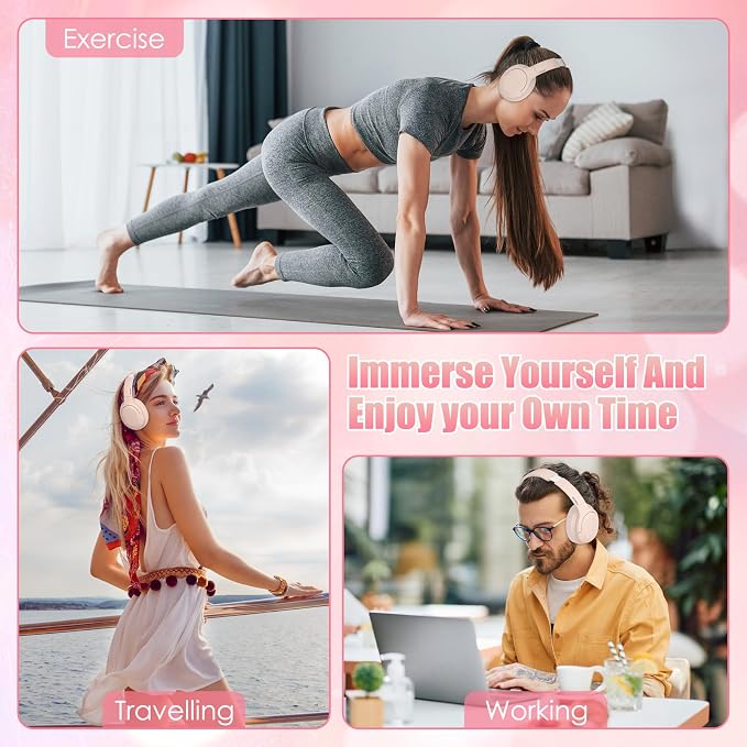Active Noise Cancelling Headphones, Over-Ear Headphones Pink | Wireless Blutooth Headphones with100H Playtime, Built-in Microphone, Lightweight & Foldable, Deep Bass for Work/Gym/Travel - Image 6