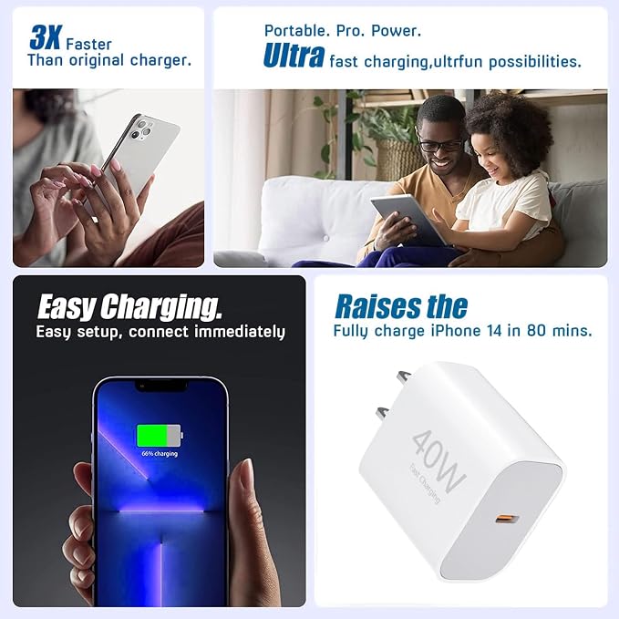 USB C Charger Block，2-Pack 40W Type C Chagrer Fast Charging with 4FT&6FT Fast Charging Cable Compatible with i Phone 17/17 Plus/17 Pro/17 Pro Max/16/16 Plus/16 Pro/16 Pro Max/15/15 Pro Max - Image 6