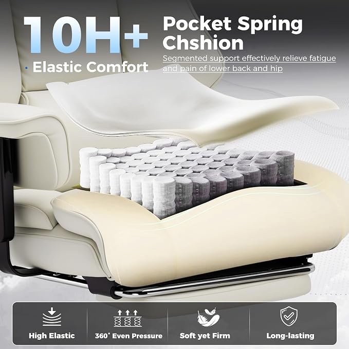 GTPLAYER Big and Tall Gaming Chair 400lbs Heavy Duty Office Chair with Foot Rest & Ergonomic Pocket Spring Cushion, High Back Lumbar Support for Lower Back Pain Relief, Beige - Image 3