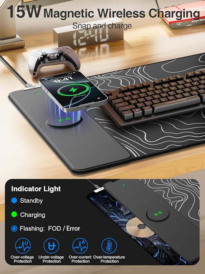 Magnetic Wireless Charging Mouse Pad, 31.5"x15.8" Large Desk Mat | Waterproof Mousepad, Smooth Glide, Stitched Edge, Non-Slip Rubber Base, Desk Pad Computer Keyboard Mat, No Adapter - Image 2