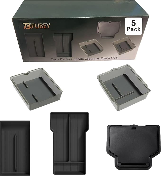 Tesla Model Y Juniper Center Console Organizer Tray 5-Piece Set, 2025 2026 Model Y Armrest Storage Box & Hidden Lower Tray, Secret Privacy Compartment, Non-Slip ABS Insert - Black by Unknown