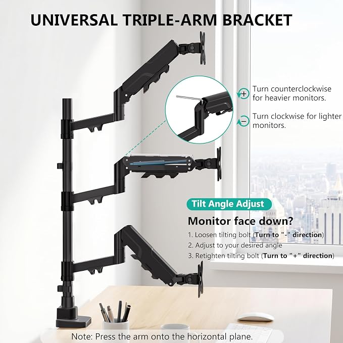 WALI Stacked Triple Monitor Mount for 49" UItrawides and Dual 34" Monitors | Heavy Duty 3 Monitor Arm up to 33 lbs, Full Motion with Tilt, Swivel, Rotation, C-Clamp & Grommet Base, VESA 75/100mm, Black - Image 6