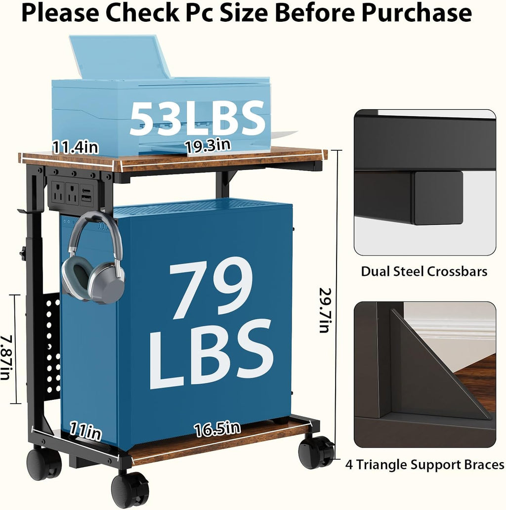 Adjustable Computer Tower Stand with Charging Station & Pegboard,Brown - Image 3
