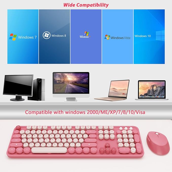 Colorful Wireless Keyboard and Mouse for PC Laptop | Cute Colorful Typewriter Retro Round Keyboard and mouse for PC Laptop - Image 7