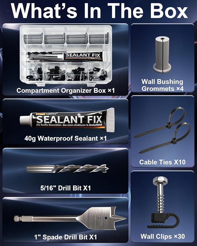 Starlink Cable Routing Kit Wall Pass Through Grommet Mounting Kit | Includes 1" Spade Bit & 5/16" Bit, wire clips and cable ties. Fits Starlink Gen 2/3 & Mini Dish for Ethernet installation - Image 4