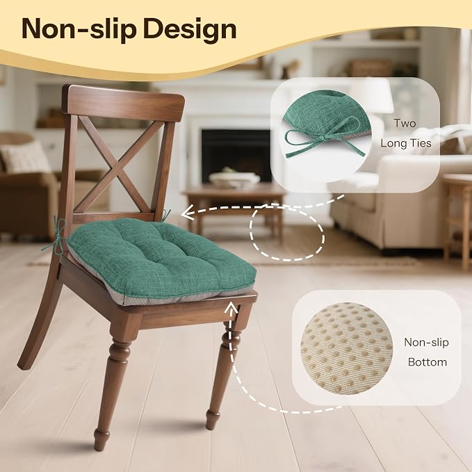 Chair Cushions for Dining Chairs Set of 4, 18"x18"x3", Green | Non-Slip with Ties, Tufted, Faux Linen, Seat Cushions for Dining Room Kitchen Breakfast Nook Indoor Home Office Living Room - Image 3