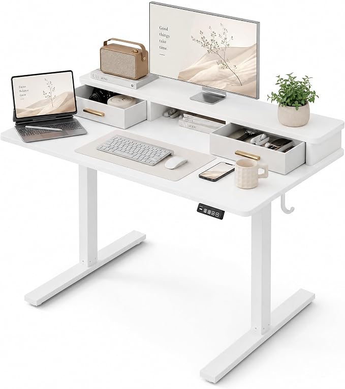 Grandder Electric Standing Desk with Two Drawers, Sit to Stand Up Height Adjustable Desk with Storage Shelf for Home Office, 47 * 24 Inch, Study, Ergonomic Adjustable Computer Desk, White by Grandder