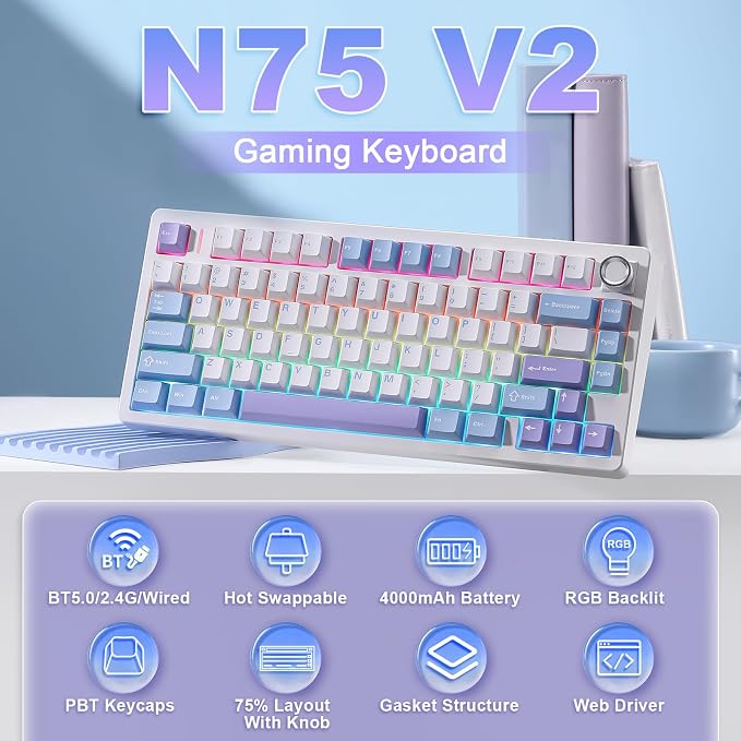 N75 V2 Creamy Keyboard,2.4GHz/BT/Wired Wireless Gaming Keyboard | 75% Gasket-Mounted Hot-Swappable Keyboard with Knob,Linear Switches RGB Backlit Mechanical Keyboard for Win & Mac(White&Blue) - Image 2