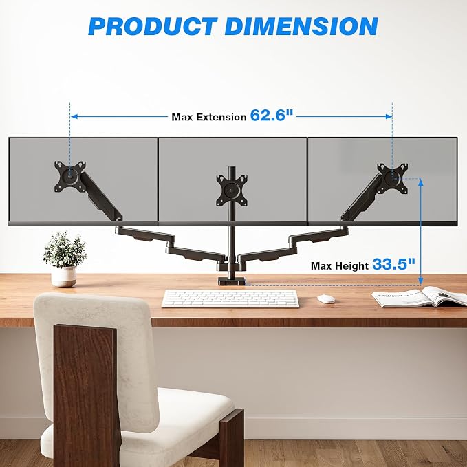 Rfiver Triple Monitor Arm Desk Mount for 17-32" Screens, VESA 75/100mm | Holds up to 19.8lbs per Arm, Full Motion Tilt, Swivel, 360 Rotation, Extra Tall Pole, C-clamp/Grommet Base - Image 6