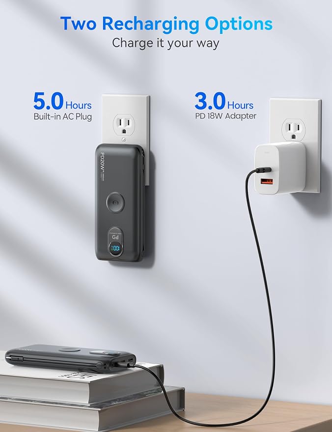 Portable Charger Power Bank 10000mAh PD20W w/Built-in Cables & AC Plug | Portable charger iphone,Fast charging, Built-in wall plug, LED display, Charge 6 devices at once, Pass through charging - Image 6