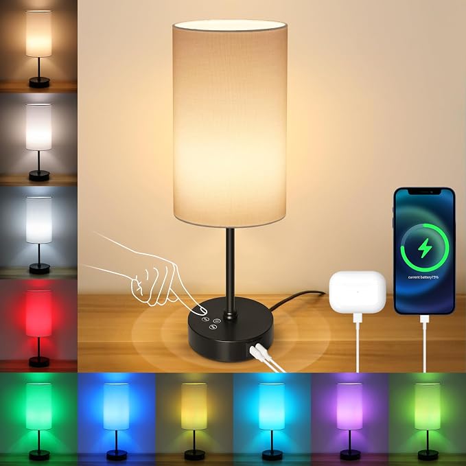 17Inch Table Lamp, 3 CCT 3000K/4500K/6500K & RGB Color Changing, Stepless Dimmable Bedside Lamp for Reading, Ambience Nightstand Light for Home Decor Party, White Shade by Unicozin