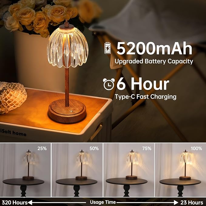 Shenmoyl Tulip Table Lamp with 5200mAh Battery & Touch Control, Small Cordless Table Lamp with 3 Colors, Rechargeable Battery Operated Table Lamps for Bedroom, Desk, Bedside (Transparent-Walnut Color) - Image 2