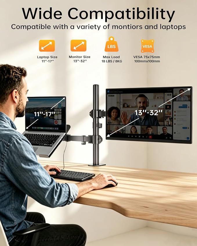 Afaloona Dual Monitor and Laptop Stand for 13-32" Monitor & 11-17" Laptop | Removable laptop tray converts to a dual monitor mount with full-motion adjustment for work and gaming, up to 18 lb per arm. - Image 3