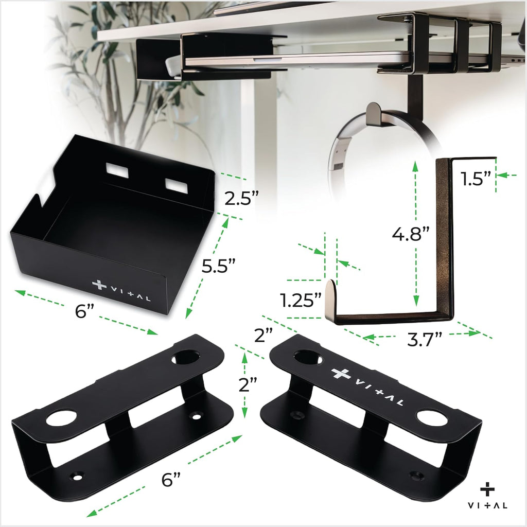 VI+AL Under Desk Laptop Mount - Hidden Metal Shelf with Side Storage, Hook & Cable Organizer - Installs with Tape & Screws - Fits Devices up to 1.7" Thick - Deluxe - Image 9