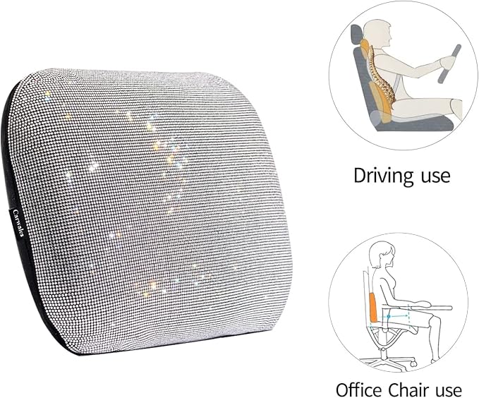 Carwales Lumbar Support Pillow Summer Decorative for Car Soft Bling Accessories Sparkly Diamond Rhinestone for Women Girls, Universal Office Chair Lower Back Cushion Rubber Black - Image 3