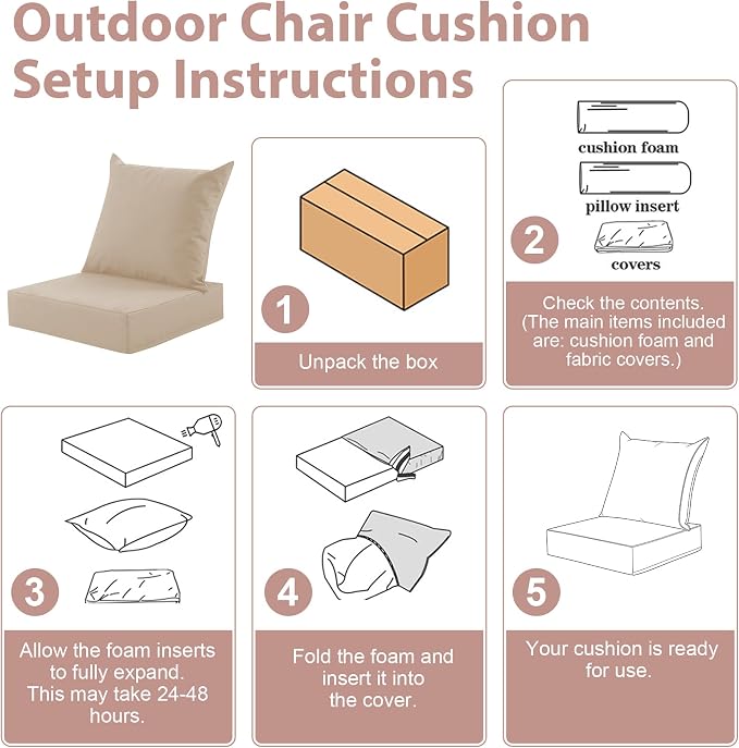Outdoor Deep Seat Cushion Set, 24x24 Inch Water-Resistant & Fade-Resistant Outdoor Chair Cushions, Patio Furniture Cushions with Removable Cover for Patio Chair, Sofa, Beige (Set of 2) - Image 7