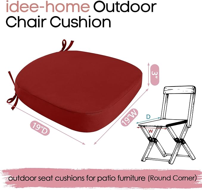idee-home Outdoor Chair Cushions Set of 4, 19" x 19" D-Shaped | Thick Outdoor Seat Cushions Waterproof Patio Furniture with Ties Dining Pads - Image 7