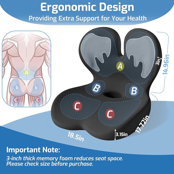 Seat Cushion with Lumbar Support Pillow,Ergonomic Chiar Cushion | Suitable for Long Sitting,Back Pressure Relief & Tailbone,Memory Foam Sciatica Pad for Office,Car, Home Chairs - Image 6