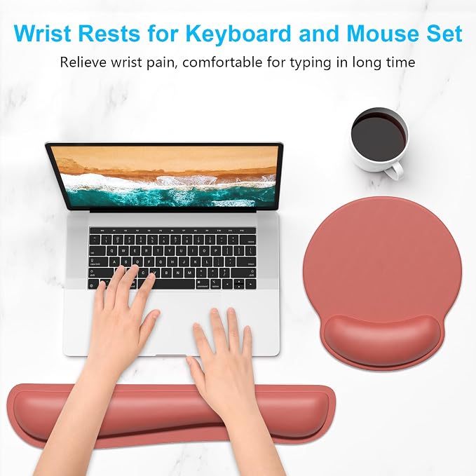 Dapesuom Keyboard Wrist Rest and Mouse Pad with Wrist Support, Memory Foam Cushion for Keyboard and Mouse Set, Ergonomic Desktop Pad Rests with Non Slip Base for Easy Typing & Pain Relief, Indian Red - Image 2
