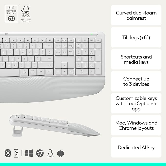 Logitech Signature Comfort Plus MK880 Combo Keyboard Mouse - Off White | Signature, Full-Size, with Palm Rest, Silent Clicks, Bluetooth, for Windows and macOS - Image 2