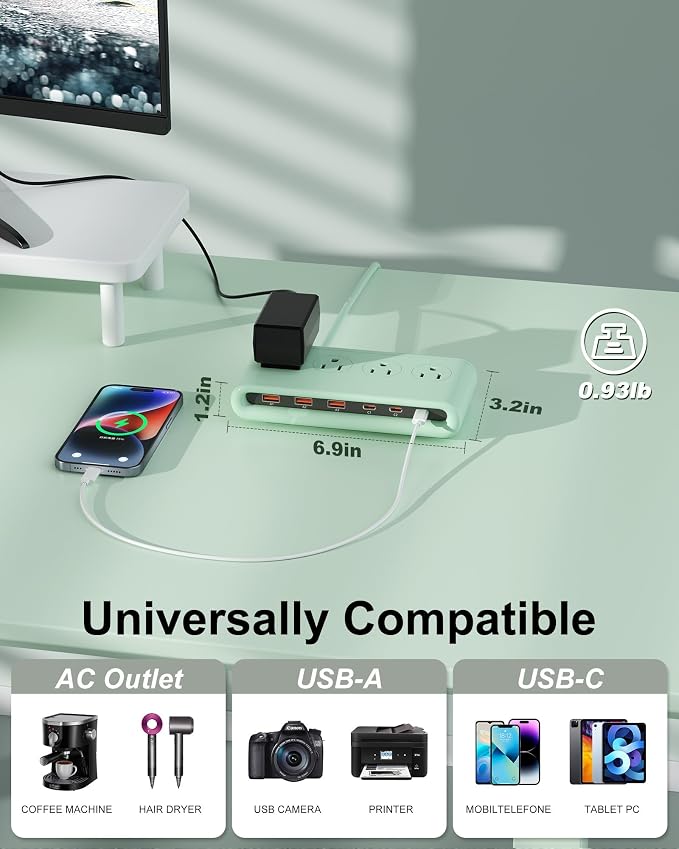 Power Strip with USB Port - 4AC & 6 USB(3USB C), Outlet Extender 5FT | Flat Plug Extension Cord with Multiple Outlets, PD20W Bedside Charging Station for Multiple Devices - Travel Home Office - Image 5