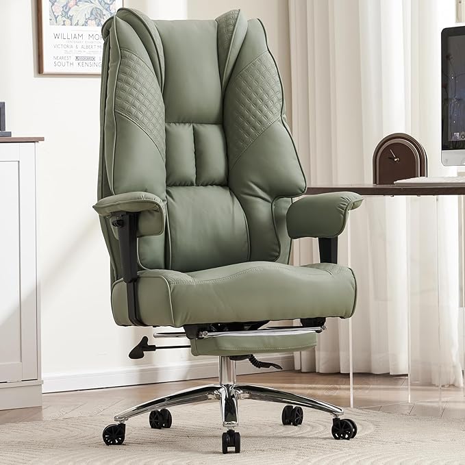 EXCEBET Big and Tall Office Chair 400lbs Wide Seat, Leather High Back Executive Office Chair with Foot Rest, Ergonomic Chairs Lumbar Support for Lower Back Pain Relief (Light Green) by EXCEBETOFFICECHAIR