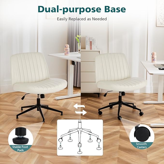 OLIXIS Criss Cross Chair with Wheels, Vanity Chair, Home Office Desk | Wide Seat Armless, Faux Leather, Height Adjustable Swivel Rolling, Home Computer Task Seating for Bedroom Study, Beige PU - Image 7
