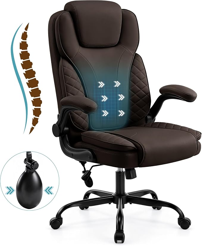Ergonomic Office Chair, PU Leather High Back Executive Chair with Adjustable Inflatable Lumbar Support and Padded Flip-Up Arms, Recline Swivel Task Computer Chair for Home Office, Dark Brown - Image 4