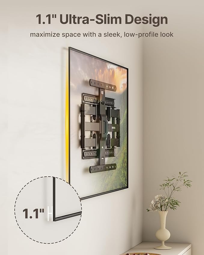 monTEK 1.1-Inch Ultra Slim Full Motion TV Wall Mount for 37-75 Inch TVs | Low-profile mount holds 132 lb, 16.5 in reach, +/-60° swivel; 4X load tested, preassembled, VESA 400x400mm, 16/18 in studs - Image 8