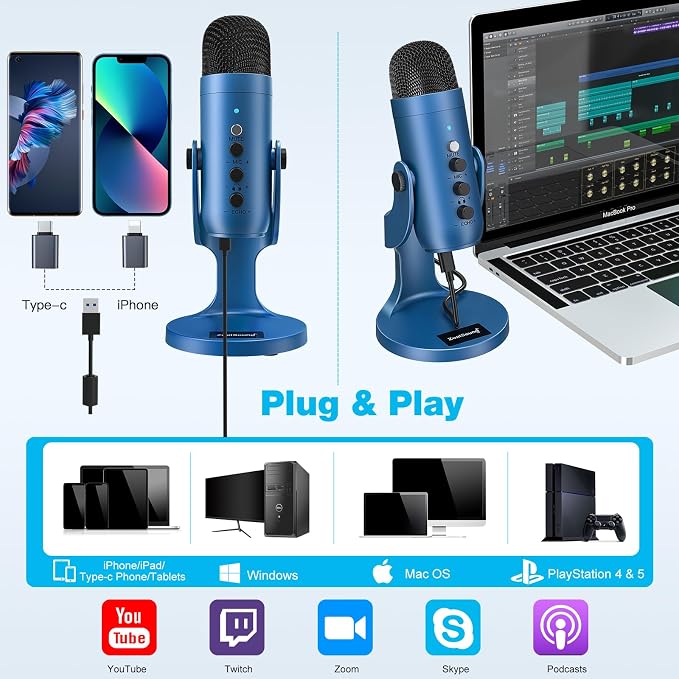 ZealSound Podcast Microphone for PC, Noise Cancellation USB Mic with Gain, Volume Adjustment & Mute Button, Monitoring & Echo, for YouTube, TikTok, Podcasting, Streaming, iPhone, iPad, Android(Blue) - Image 2