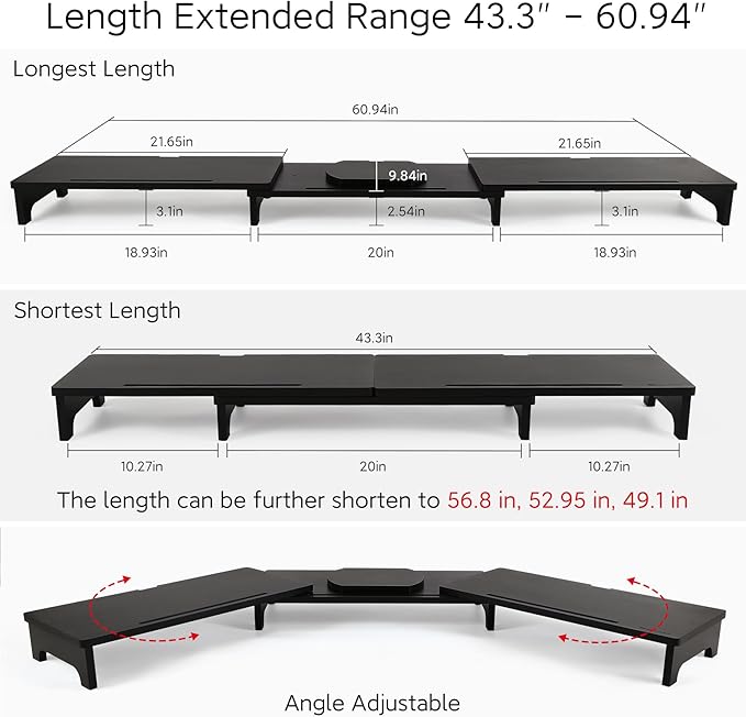 Nnewvante Monitor Stand Riser, 60 inch Bamboo Triple Monitor Stand for Desk | Black, Adjustable Length Angle, 3 Shelves Desktop Screen Riser, For Computer Laptop PC - Image 3
