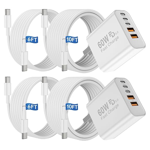 USB C Fast Charger Block, 60W 5-Port Type C Charging Block Plug and 6ft 10ft Long USB C Cable for Apple iPhone 17 Pro Max/17 Air/16 Pro/15 Plus/iPad mini Air/Samsung S26 Wall Power Adapter Cube Brick by CSXZCOON