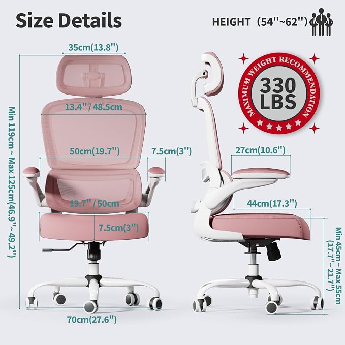 TRALT Office Chair Ergonomic Desk Chair - Gaming Chair with Lumbar Support | 330 LBS Home Office Desk Chairs with Headrest, Reading Chair with Flip-up Armrests, Comfortable Computer Chairs (1, Pink) - Image 2