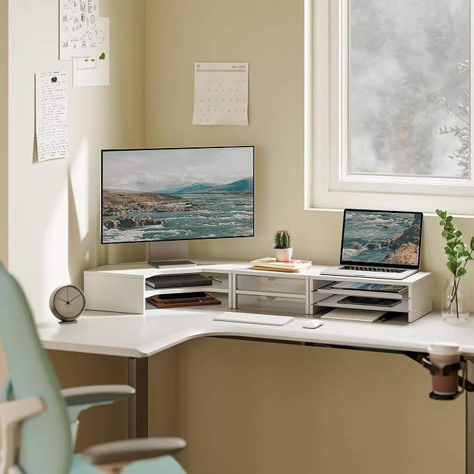 Fenge Dual Monitor Stand, Corner Desk Shelf with Drawer & Slide-Out Tray | Modular Design for Flexible Layouts, 2-Tier Storage Desktop Organizer for Computer, Laptop, Printer and Telephone - Image 7