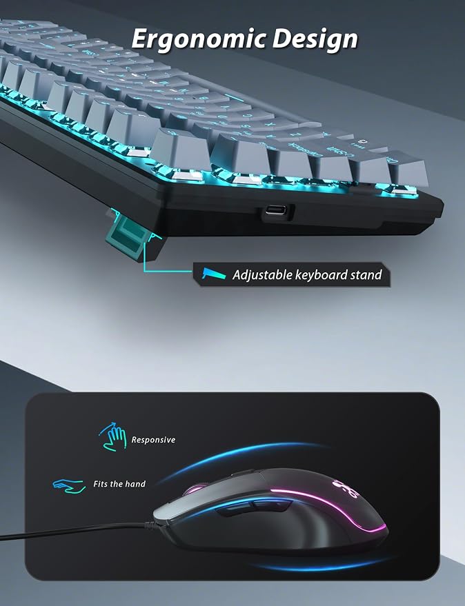 Mechanical Gaming Keyboard and Mouse, LED Backlit 98-Key Floating Keycap & 4 DPI RGB Gaming Mouse with Mouse Pad, Full Anti-Ghost Light Up Wired Computer Keyboards for MAC PC Gamer Accessories, Gray - Image 6