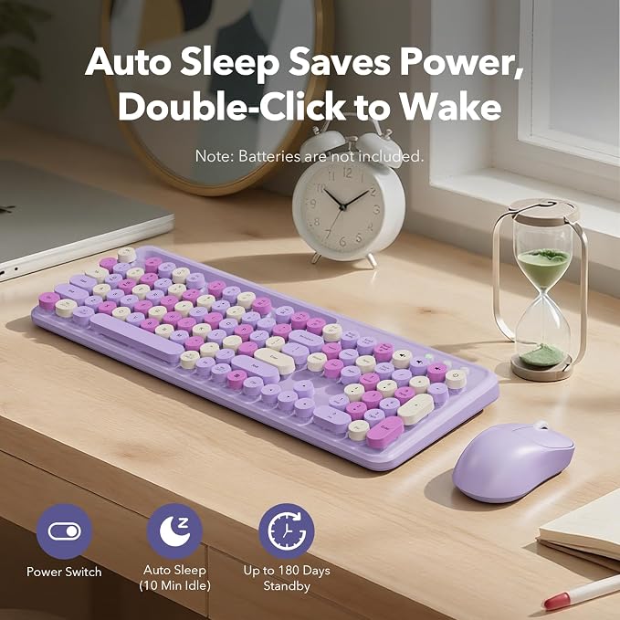 Wireless Keyboard and Mouse Combo, Purple, Round Keycaps, Tablet Holder | Full-size keyboard, typewriter-style design, 3-level DPI mouse, auto sleep, 2.4GHz for Mac Windows PC laptop, Trueque CK13 - Image 5