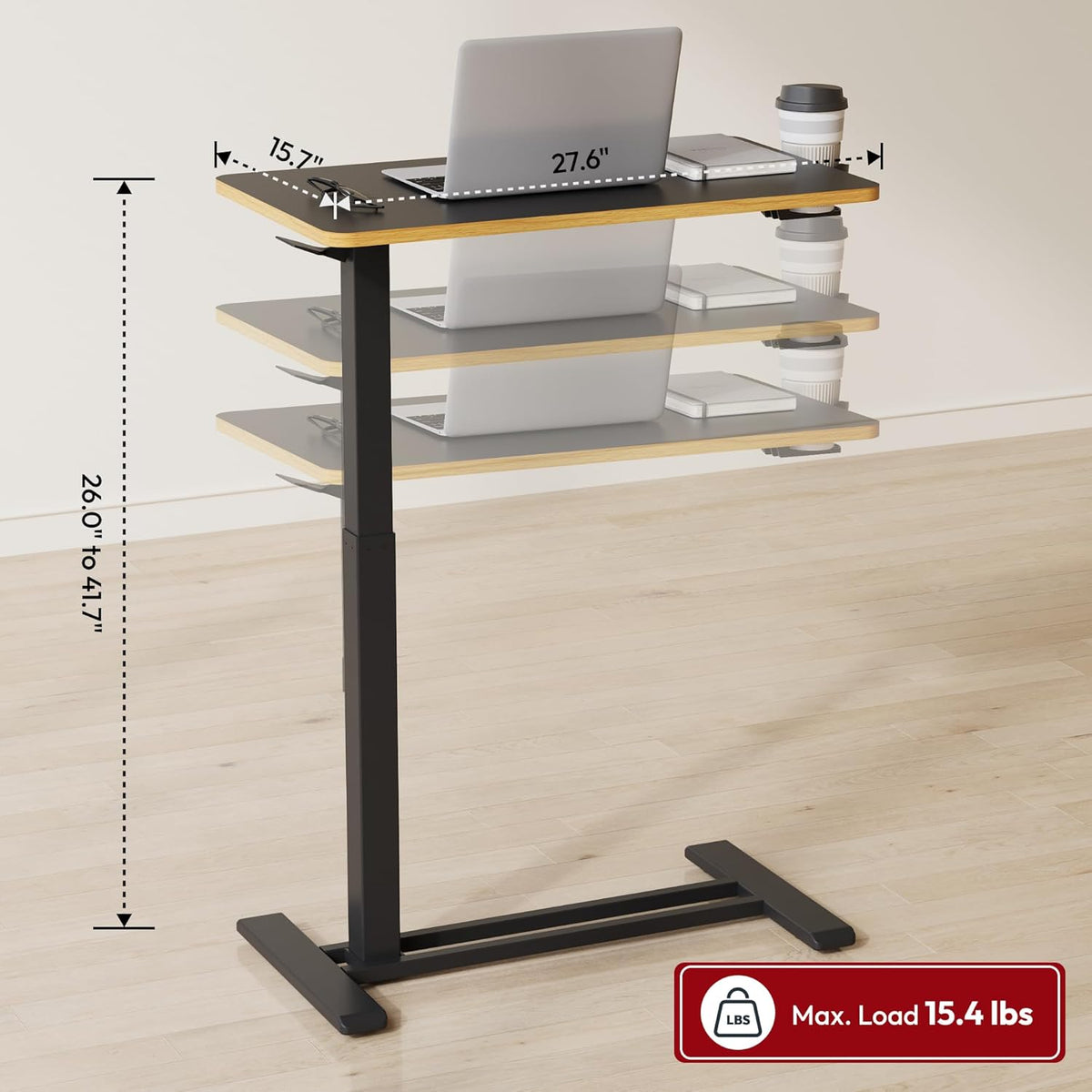 SANODESK 28''Pneumatic Adjustable Overbed Bedside Table with Hidden Casters - Image 2