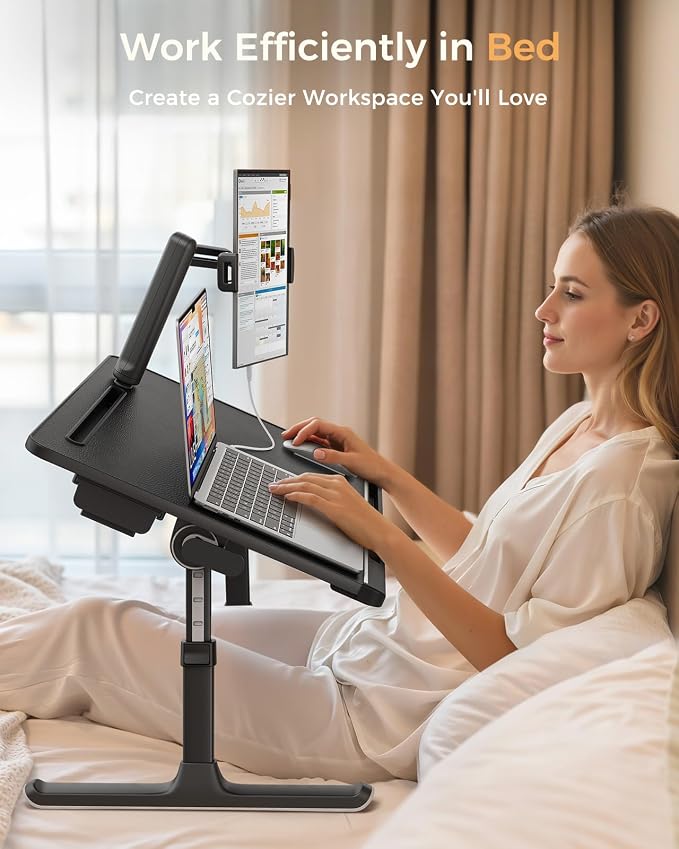 SAIJI Laptop Bed Table for Dual Screens, Lap Desk with Monitor Stand | Height/Angle Adjustable, Foldable & Portable, Soft Leather Surface, Spacious Legroom, with Drawer & Tablet Slot, X-Large - Image 6