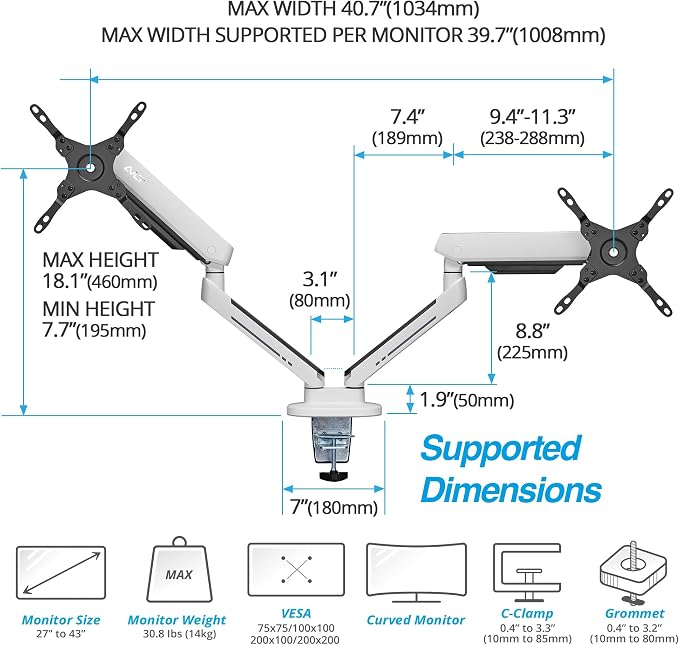 AVLT Dual 27”-43” RGB Gaming Monitor Arm Desk Mount - White | Built-in 20 Lighting Modes Touch Button Control Fits Flat/Curved/Ultrawide Screen Height Swivel Tilt Rotation Adjustable - Image 4