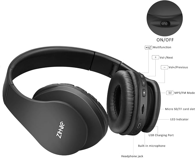 ZIHNIC Bluetooth Headphones Over-Ear, Foldable Wireless and Wired Stereo Headset Micro SD/TF, FM for Cell Phone,PC,Soft Earmuffs &Light Weight for Prolonged Wearing (Black) - Image 4