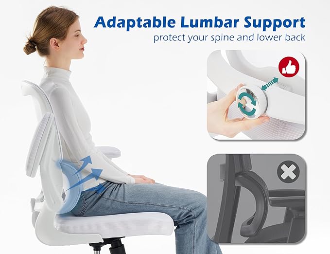 TRALT Ergonomic Office Chair Desk Chair with Adjustable Lumbar Support | Desk Chair Comfy with Flip-up Armrests Ergonomic Chair - Mesh Computer Chairs for Adults, 330lbs, PU Leather (White, 1) - Image 3