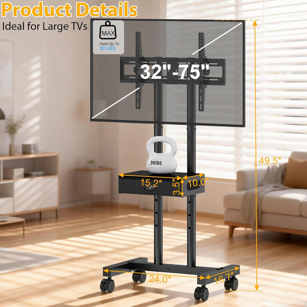 Rolling TV Stand with Drawer for 32-75 Inch TVs, Adjustable Storage Shelf - Image 4
