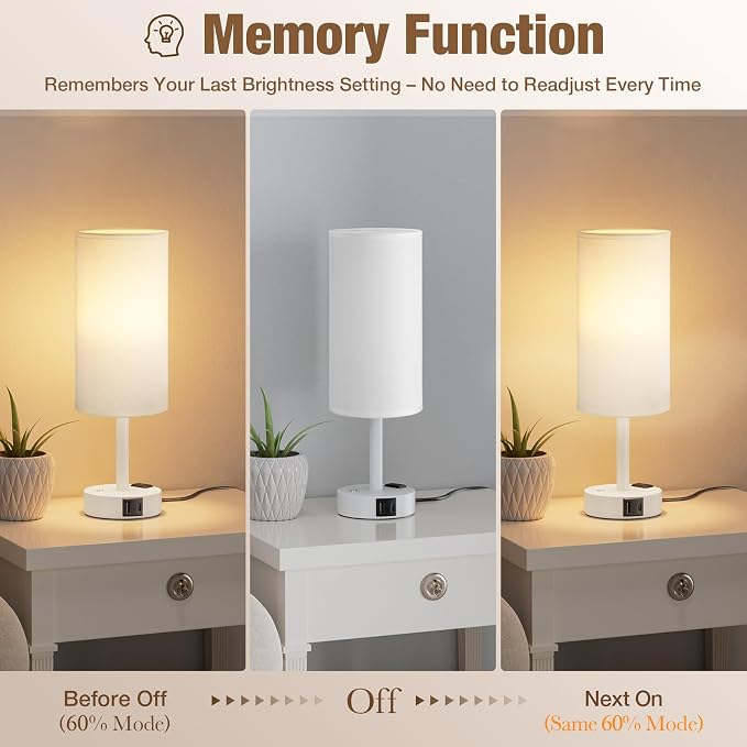 White Touch Bedside Lamp for Bedroom, Stepless Dimmable, USB A+C, AC Outlet | Base Touch Button Only, Memory Brightness, Ultra-dim Night Light, Included Bulb for Optimal Dimming, White Lamp Base, Nursery - Image 4