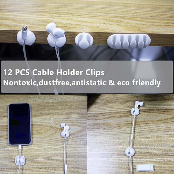 White Cable Management Organizer Kit 4 Cable Sleeve Split 311Pcs | 47Cable Clips 12Cord Clips Holder,22 Cable Ties, 20 adhesive Wall cable Tie, 200Fasten Cable Ties for TV Electronics - Image 2